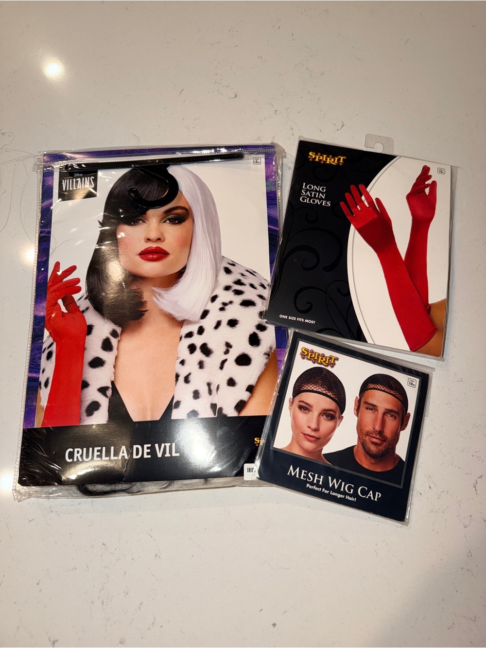 Cruella De Vil Costume Red Satin Long Gloves, Wig and Wig Cap